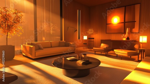 Cozy living room sunset scene modern apartment interior design warm environment relaxed viewpoint