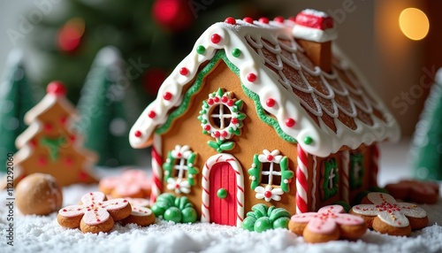 Festive Gingerbread House with Colorful Candy Decorations and Icing Surrounded by Christmas Treats for the Perfect Holiday Display