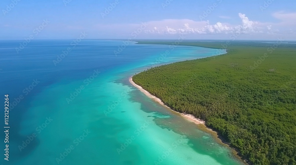 Fototapeta premium Aerial View of Tranquil Blue Waters Meeting Lush Green Coastal Forest