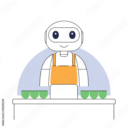 Cute robot working in the factory. Vector illustration in flat style