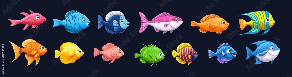 Fototapeta premium The illustration of a cute set of sea fish isolated on a dark background shows animal characters with big, friendly eyes and smiles. It features colorful tropical coral reef inhabitants.