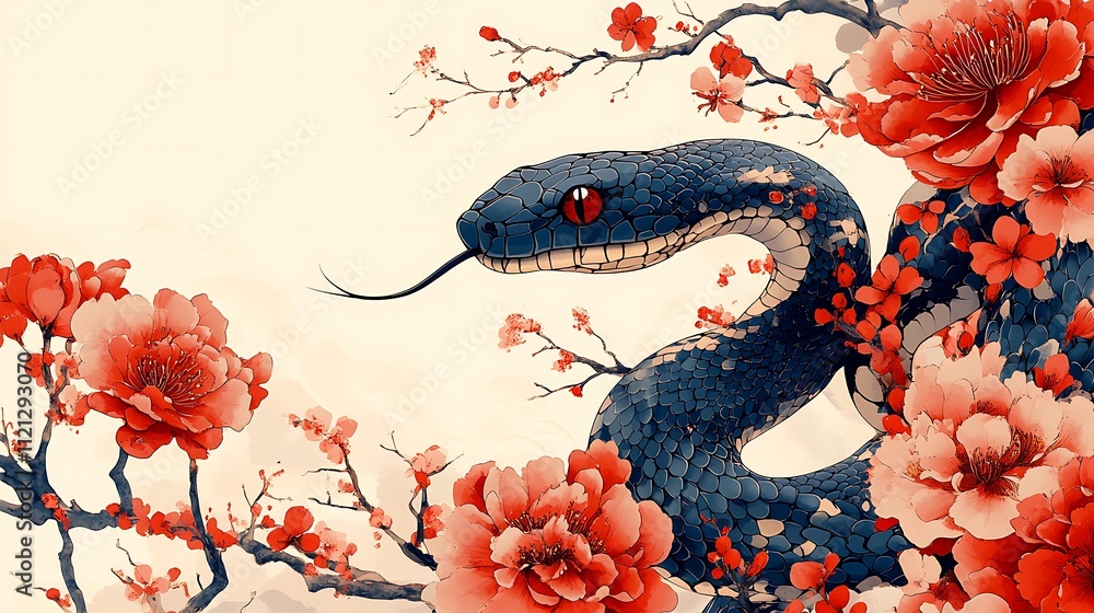 Obraz premium Snake with Red Eyes and Flowered Branch