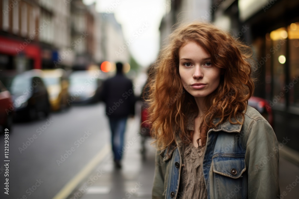 A woman with red hair stands on a city street A woman with red hair stands on a city street