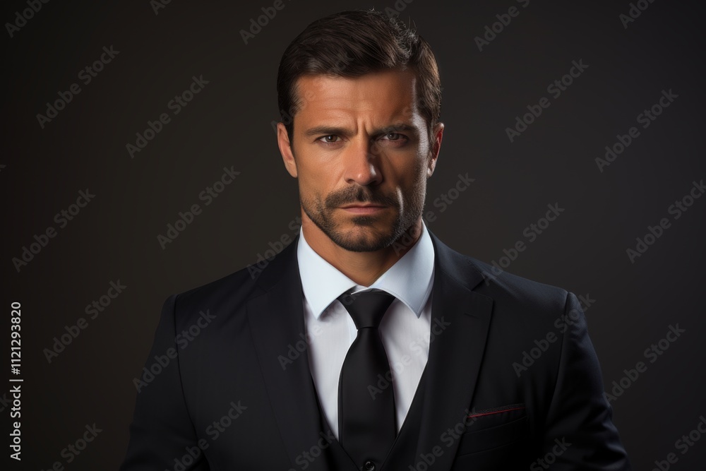 A man in a suit and tie is standing in front of a dark background A man in a suit and tie is standing in front of a dark background