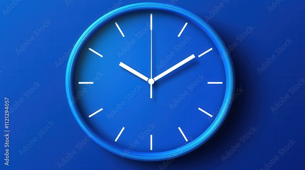 Modern Blue Wall Clock with Minimalist Design on a Solid Blue Background Modern Blue Wall Clock with Minimalist Design on a Solid Blue Background