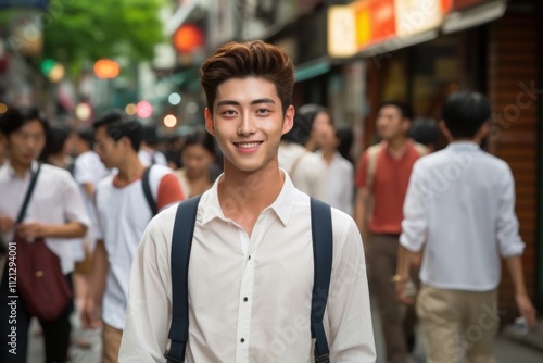 A young man wearing a white shirt and backpack is smiling in a busy street