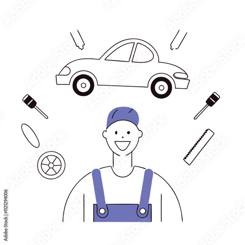 Auto mechanic. Flat line style vector illustration. Auto repair service.