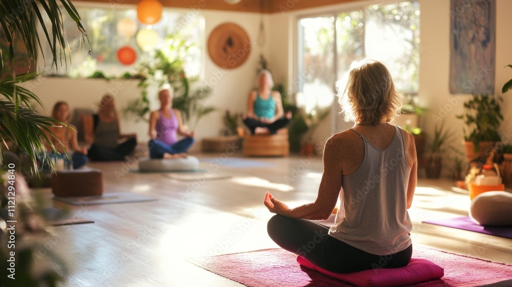 Group Yoga Meditation Session in a Sunny Studio Group Yoga Meditation Session in a Sunny Studio