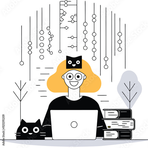 The girl works on a laptop in the office. Vector illustration.