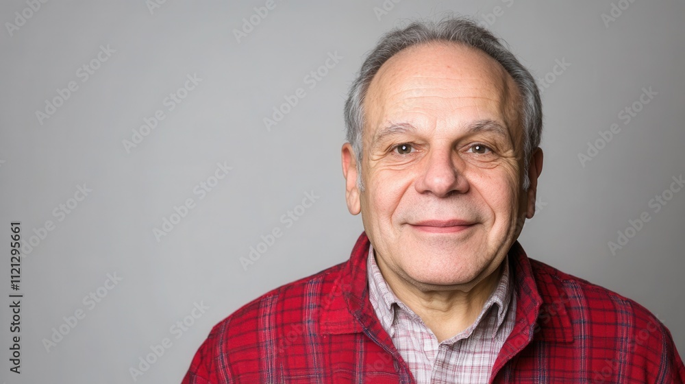 Fototapeta premium Smiling Senior Man in Red Checkered Shirt with Gray Background