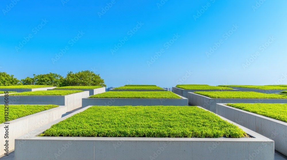 Obraz premium Green Rooftop Garden with Geometric Planters Under Clear Blue Sky