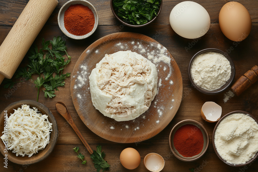 Fototapeta premium Flat-lay of coxinha ingredients: shredded chicken, cream cheese, flour, breadcrumbs, eggs, spices, and herbs. A partially formed coxinha sits in the center, highlighted by warm lighting and natural to