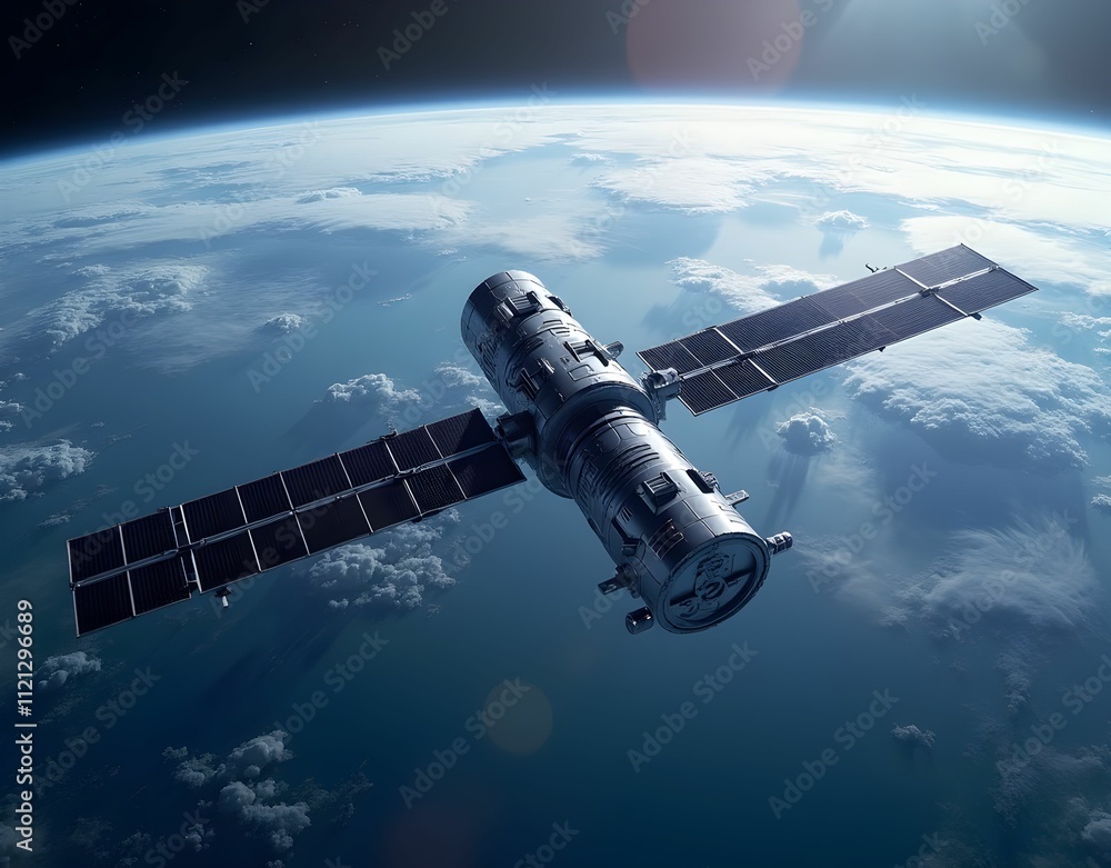 Fototapeta premium Satellite Orbiting Earth With Solar Panels