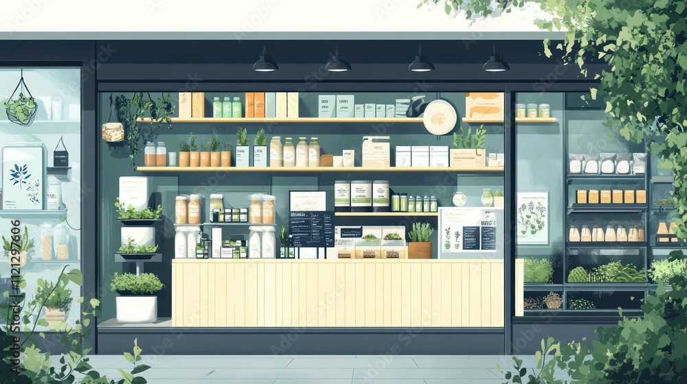 A modern storefront with large windows showcasing a variety of products, including food, drinks, and plants. The store is decorated with a minimalist aesthetic and has a warm, inviting atmosphere. A modern storefront with large windows showcasing a variety of products, including food, drinks, and plants. The store is decorated with a minimalist aesthetic and has a warm, inviting atmosphere.