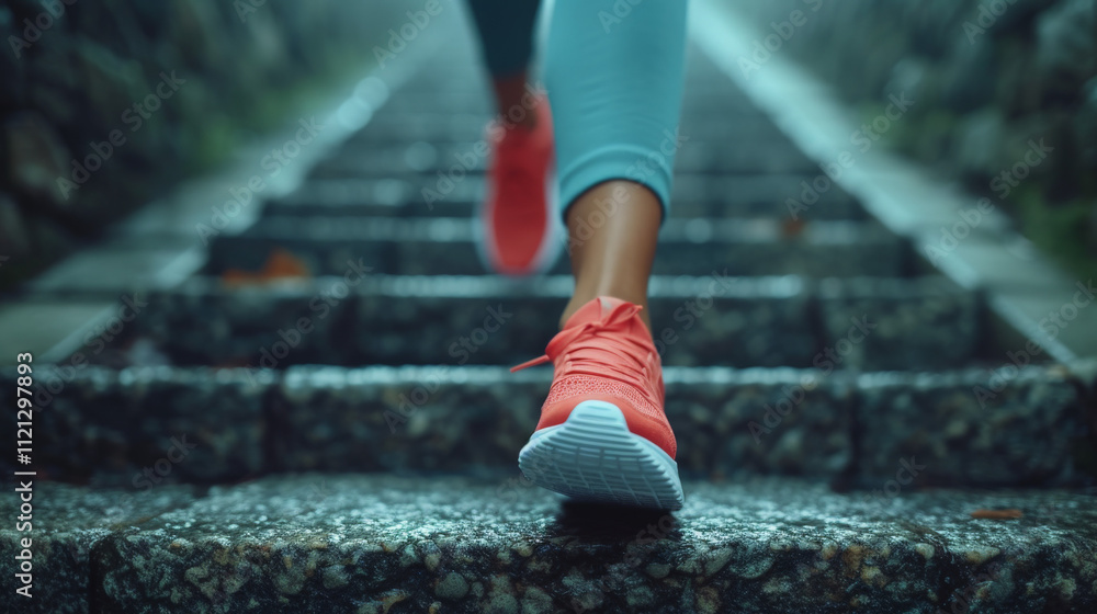 The leg of a female running up the stairs The leg of a female running up the stairs
