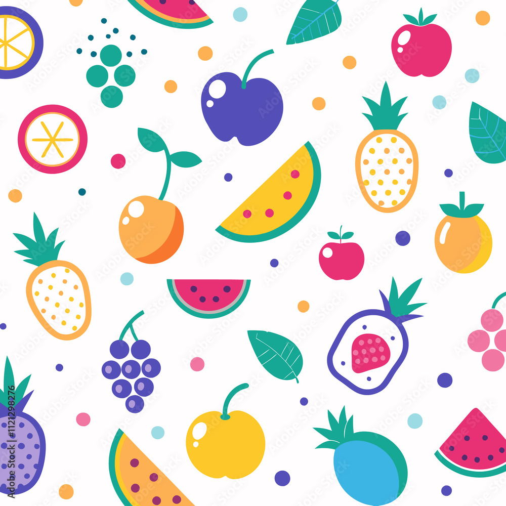 Colorful fruit pattern background with watermelon, pineapple, grapes, berries, and cherries. Colorful fruit pattern background with watermelon, pineapple, grapes, berries, and cherries.