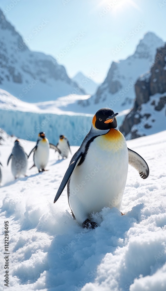 Obraz premium Emperor Penguin Walking on Snowy Antarctic Slope with Mountain Peaks