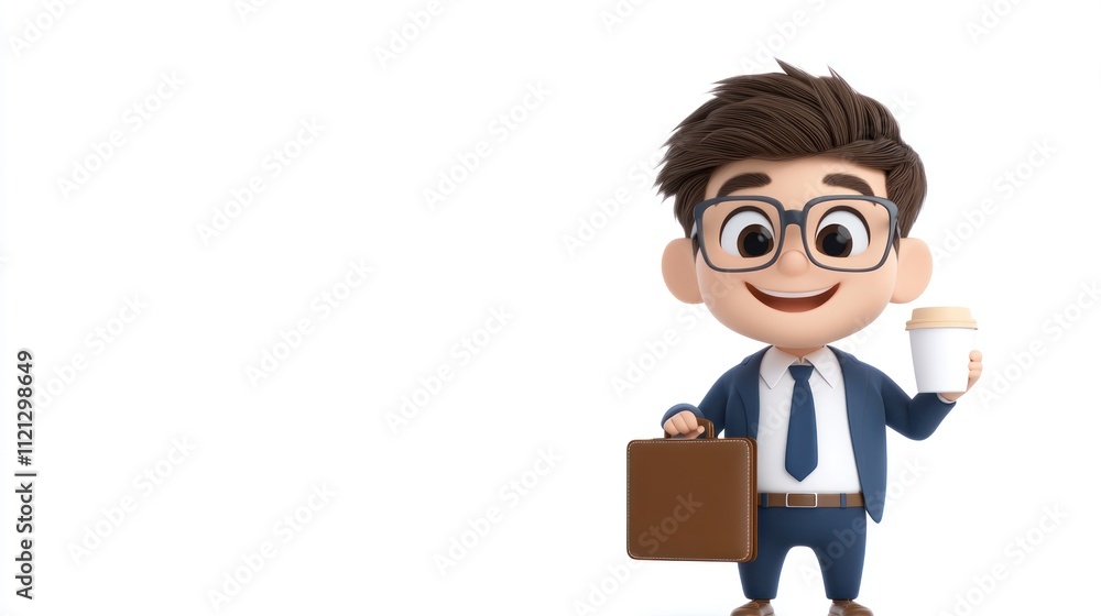A cheerful cartoon character in business attire holding a briefcase and coffee. A cheerful cartoon character in business attire holding a briefcase and coffee.