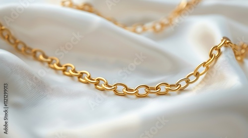 A gold chain with a simple pendant, isolated on a white surface.