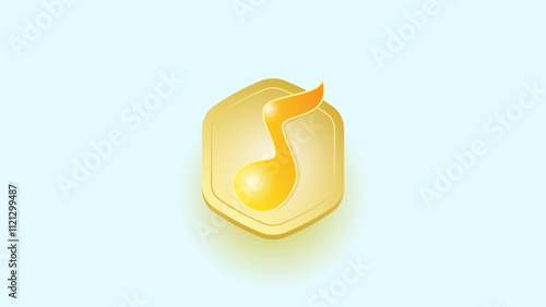 Golden Music Note Icon on Light Background. glossy golden music note icon with a modern 3D effect placed on a soft hexagonal background. Ideal for music apps, user interface elements, audio platforms.
