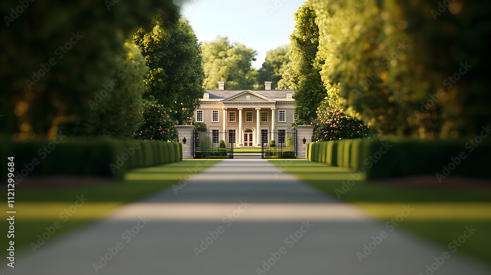 Obraz premium Wide Shot of the Front Gate to an English Country Mansion - Grand Entrance Surrounded by Lush Landscaping and Classic Architecture