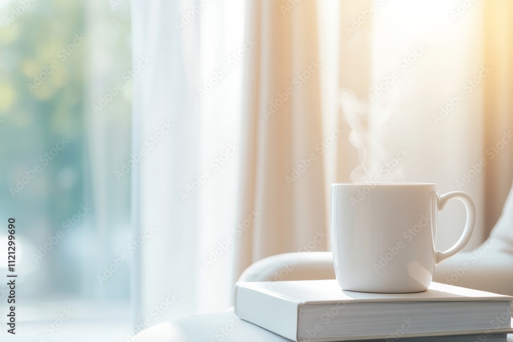 Cozy Winter Scene with Steaming Mug and Book - Tranquil Moments at Home Cozy Winter Scene with Steaming Mug and Book - Tranquil Moments at Home