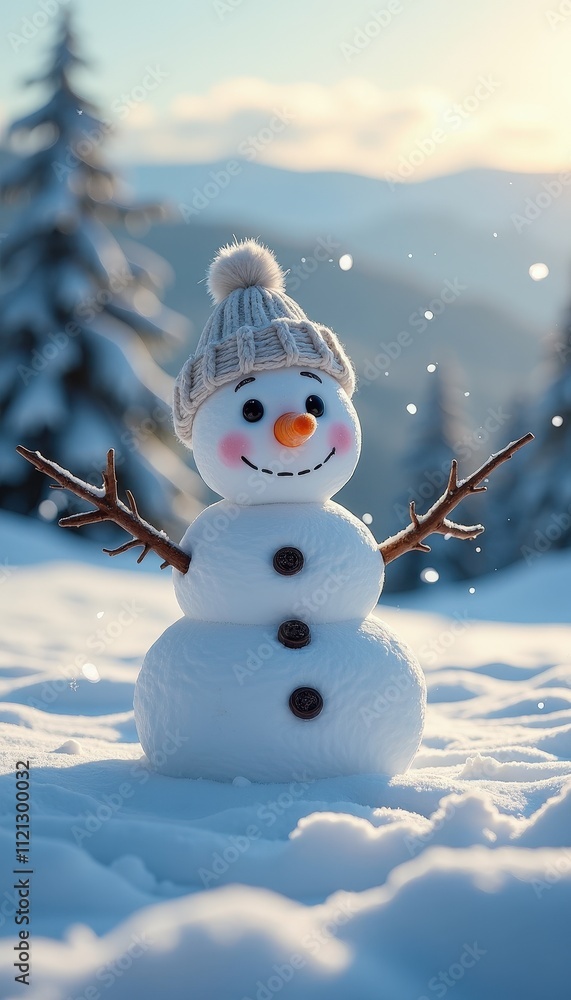 Obraz premium Magical Winter Landscape with Snowflakes Falling Gently and a Snowman with a Carrot Nose Creating a Perfect Winter Wonderland