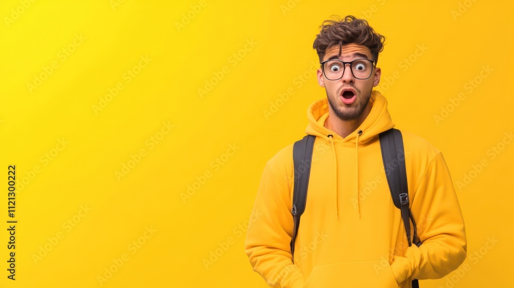 Young man in a yellow hoodie expressing surprise on a bright background. Young man in a yellow hoodie expressing surprise on a bright background.