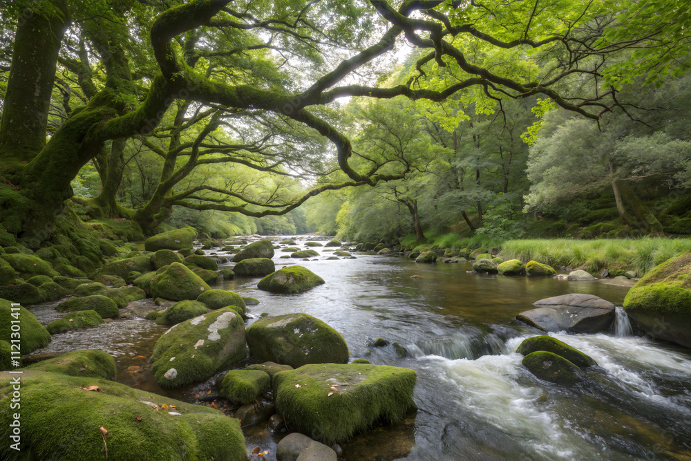 Obraz premium Flowing River with Mossy Stones and Overhanging Trees