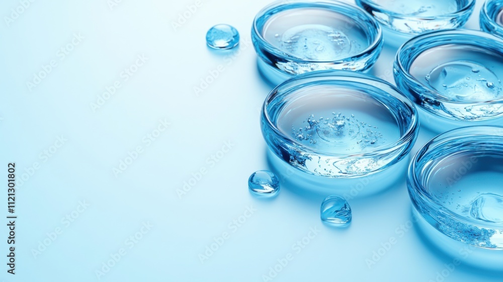 Glimmering Glass Dishes Filled with Clear Water Against a Soft Blue Background for Fresh and Clean Imagery Glimmering Glass Dishes Filled with Clear Water Against a Soft Blue Background for Fresh and Clean Imagery