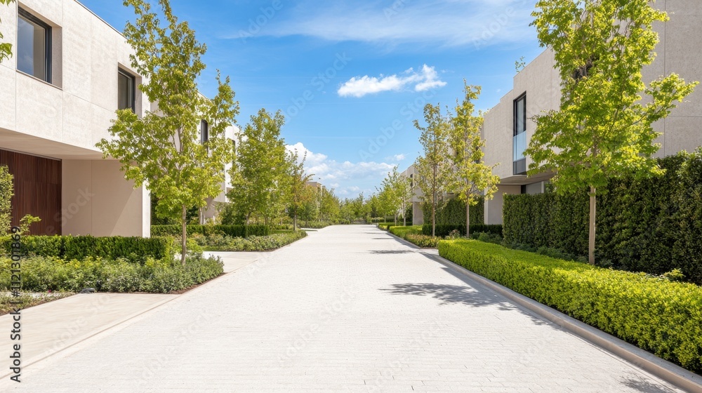 Modern residential street with greenery and clear blue sky in daylight Modern residential street with greenery and clear blue sky in daylight