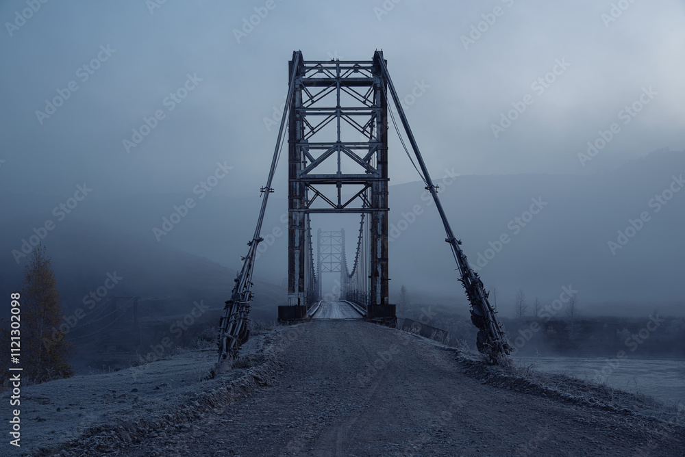 Bridge in the fog. Blue winter background. Bridge in the fog. Blue winter background.