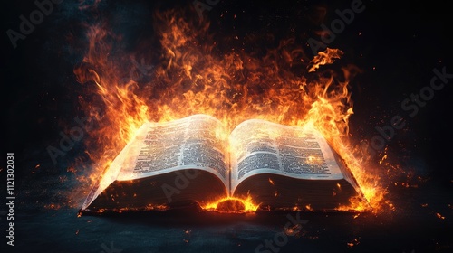 Photograph of a burnt Bible image against a dark background.