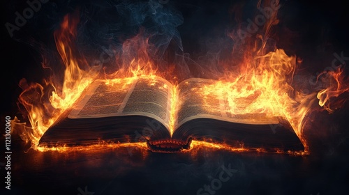 Photograph of a burnt Bible image against a dark background.