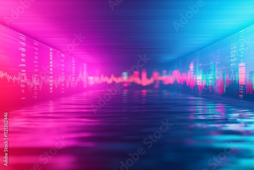 A vibrant, futuristic scene depicting colorful sound waves reflecting on a water surface, creating an immersive audio-visual experience.