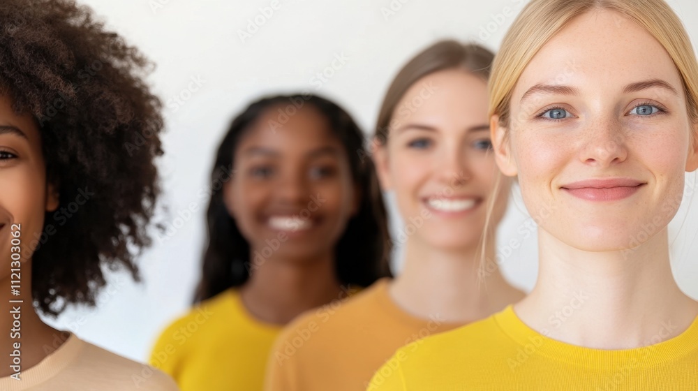 Diverse Group of Women Smiling Together in Bright Yellow and Orange Shirts Diverse Group of Women Smiling Together in Bright Yellow and Orange Shirts