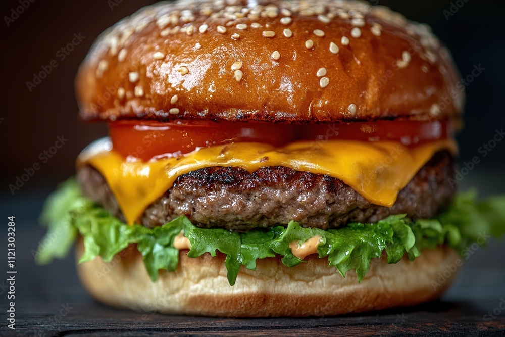 Close-up of a Juicy Cheeseburger with Lettuce and Tomato Close-up of a Juicy Cheeseburger with Lettuce and Tomato