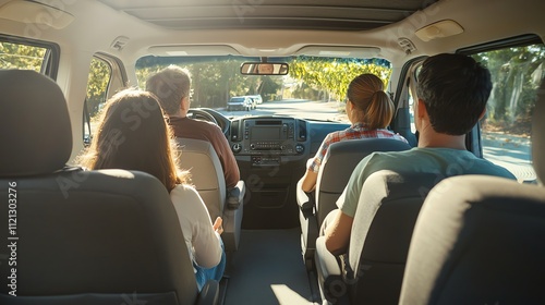 Four people in a car on a road trip.