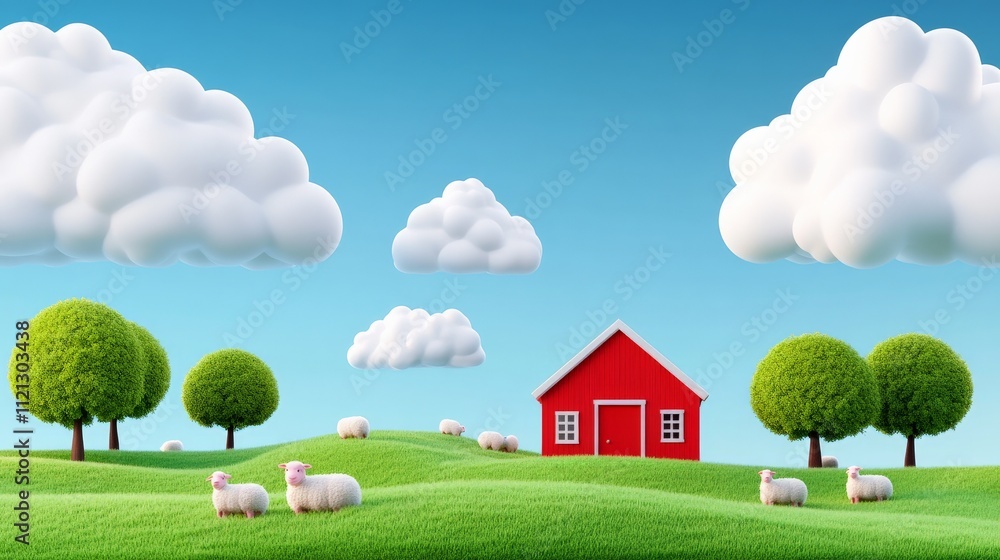 Naklejka premium Dreamy Countryside: A whimsical red barn sits nestled amidst rolling green hills, surrounded by fluffy clouds and playful sheep, evoking a sense of idyllic peace and tranquility. 