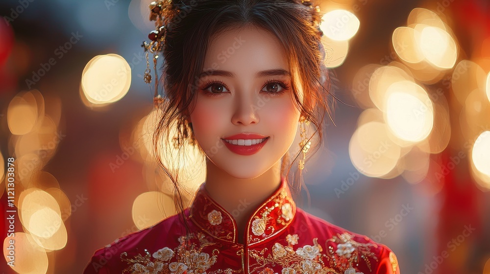 Beautiful woman in traditional attire with glowing lights in background Beautiful woman in traditional attire with glowing lights in background