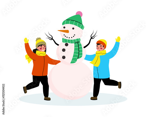 Happy children enjoy winter holidays. Boy girl making a snowman. Vector illustration in flat style on a white background.