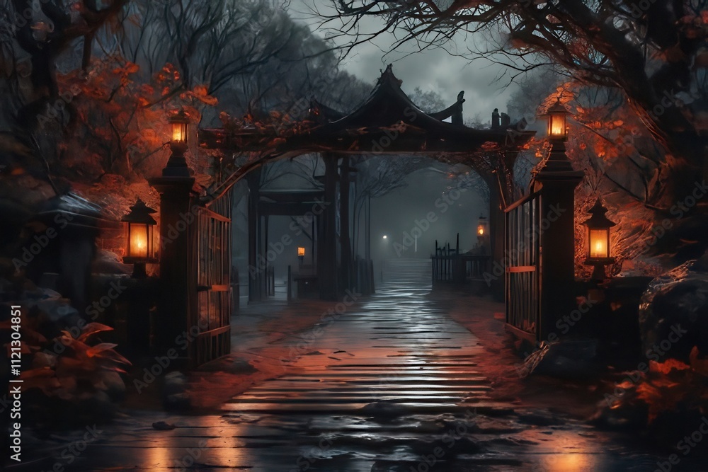 Dark, mysterious pathway through ornate gate in autumnal forest. Dark, mysterious pathway through ornate gate in autumnal forest.