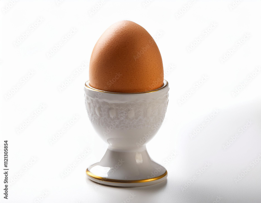 Brown egg in an elegant porcelain egg cup on a bright surface Brown egg in an elegant porcelain egg cup on a bright surface