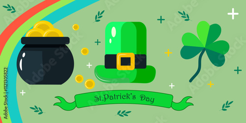 Vibrant St. Patrick's Day illustration featuring a pot of gold, a rainbow, a leprechaun hat, and shamrocks on a green background. A cheerful design symbolizing Irish culture, luck, and celebration
