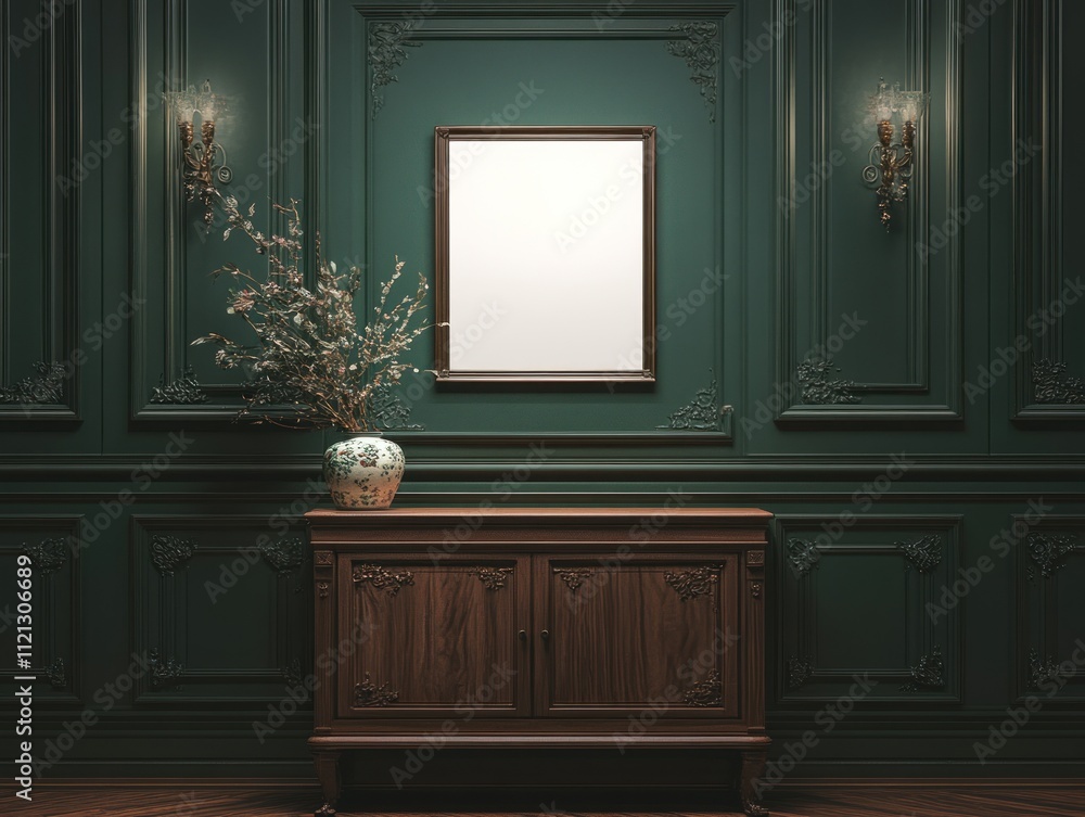 Elegant dark green wall with ornate wood paneling, a wooden cabinet, a blank frame, and a vase with branches. Elegant dark green wall with ornate wood paneling, a wooden cabinet, a blank frame, and a vase with branches.