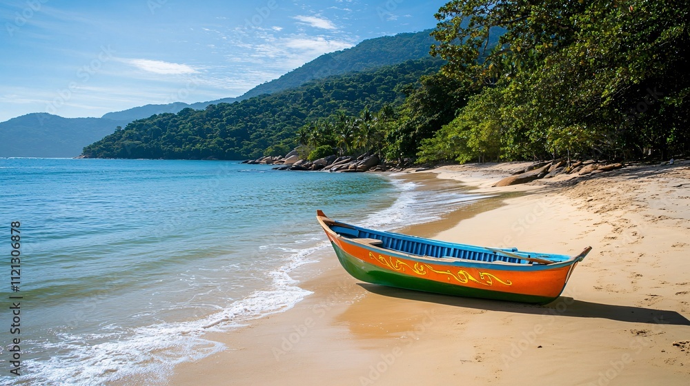 Colorful Boat on Serene Beach with Lush Green Mountains in Background Colorful Boat on Serene Beach with Lush Green Mountains in Background
