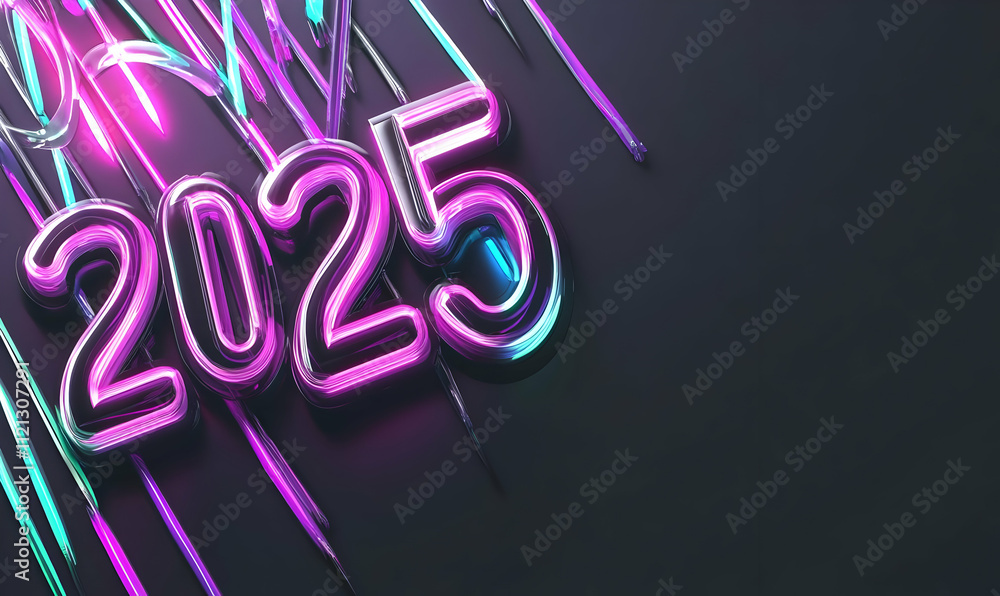Neon display featuring the year 2025 in vibrant colors against a dark background. Neon display featuring the year 2025 in vibrant colors against a dark background.