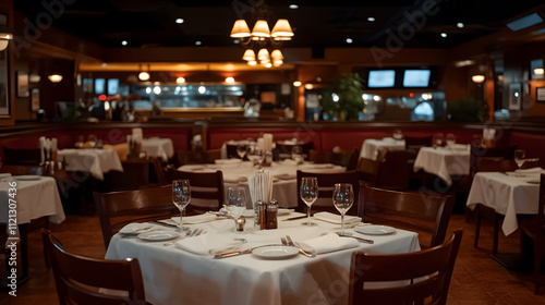 Empty Restaurant Interior with Cozy Atmosphere and Warm Lighting - Inviting and Relaxing Ambiance Ready for Guests