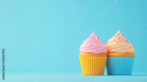 Two pastel cupcakes with frosting and sprinkles on a blue background. photo