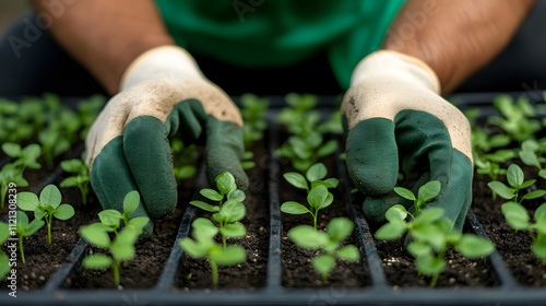 Close-up of Hands with Work Gloves Installing Seeding Plants - Focused Gardening Moment of Planting Young Plants into Soil